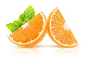 Fotobehang Vruchten Isolated orange slices. Two pieces of orange fruit with mint leaf isolated on white background with clipping path  © ChaoticDesignStudio