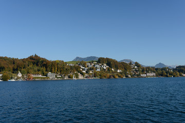 View from lake of Luzerne on Rigi mountain and Rigi-Kulm peak
