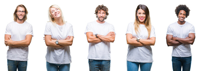 Collage of group of people wearing casual white t-shirt over isolated background happy face smiling with crossed arms looking at the camera. Positive person.
