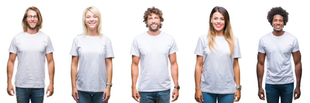 Collage of group of people wearing casual white t-shirt over isolated background with a happy and cool smile on face. Lucky person.