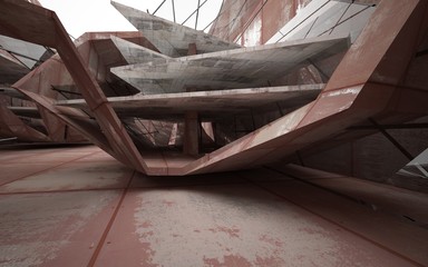 Empty abstract room interior of sheets rusted metal and brown concrete. Architectural background. 3D illustration and rendering