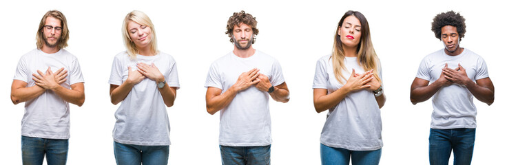 Fototapeta premium Collage of group of people wearing casual white t-shirt over isolated background smiling with hands on chest with closed eyes and grateful gesture on face. Health concept.
