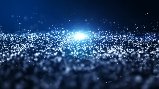 Abstract blue color digital particles wave with dust and light motion background