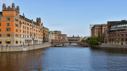 Norrstrom River, flanked by the Rosenbad and the Riksdagshuset - Stockholm, Sweden