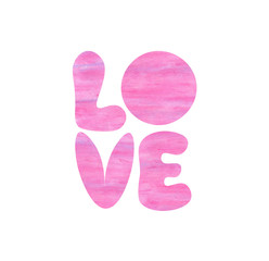 Love word. Typographic composition of texturised handdrawn letters isolated on a white background. Chalk pastel texture. Applicable as a sticker for social media content or instagram post.