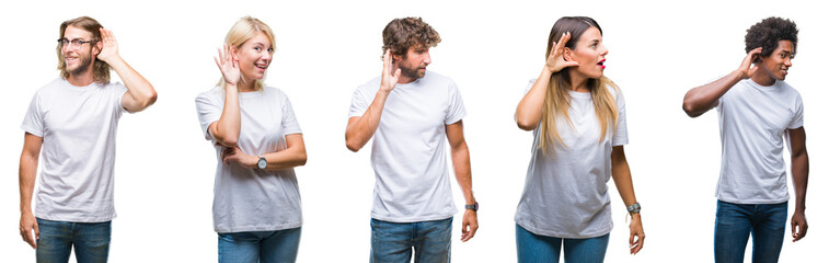 Collage of group of people wearing casual white t-shirt over isolated background smiling with hand...