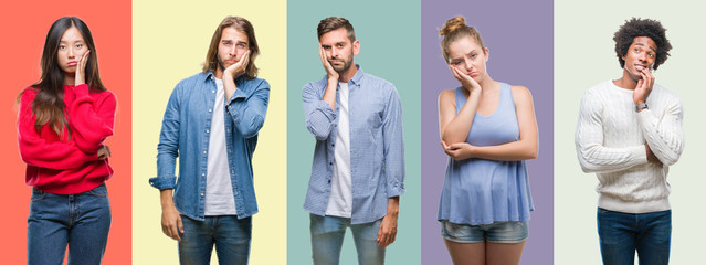 Composition of african american, hispanic and chinese group of people over vintage color background thinking looking tired and bored with depression problems with crossed arms.