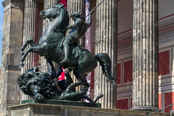 The Lion Fighter equestrian bronze statue by Albert Wolff from 1858 outside the Altes Museum in Berlin, Germany