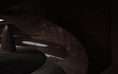 Obraz premium Empty smooth abstract room interior of sheets rusted metal and brown concrete. Architectural background. Night view of the illuminated. 3D illustration and rendering