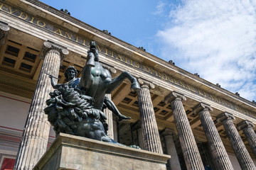 The Lion Fighter equestrian bronze statue by Albert Wolff from 1858 outside the Altes Museum in Berlin, Germany