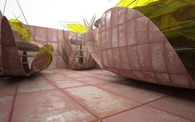 Empty smooth abstract room interior of sheets rusted metal and concrete with yellow glass. Architectural background. 3D illustration and rendering