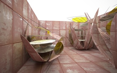 Empty smooth abstract room interior of sheets rusted metal and concrete with yellow glass. Architectural background. 3D illustration and rendering
