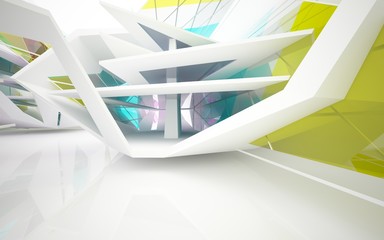 abstract architectural interior with white sculpture and geometric glass lines. 3D illustration and rendering