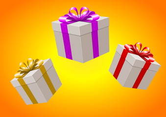 Flying gift box and christmas orange background