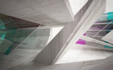 Abstract background in the form of  buildings made of dark concrete with colored windows. 3D illustration and rendering