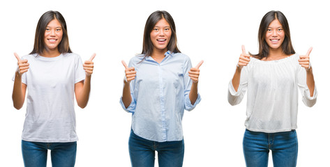 Obraz premium Collage of asian young woman standing over white isolated background success sign doing positive gesture with hand, thumbs up smiling and happy. Looking at the camera with cheerful expression
