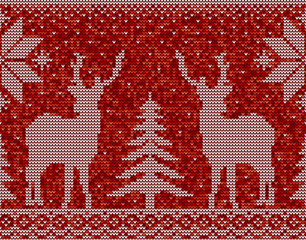 Fototapeta na wymiar Red and white christmas seamless pattern background with deer, pine trees and snowflakes vector