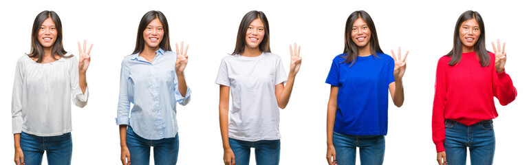 Composition of chinese asian woman over isolated background showing and pointing up with fingers number three while smiling confident and happy.