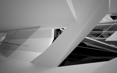 Abstract white interior of the future, with glossy black sculpture. 3D illustration and rendering