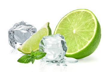  Ice cubes, lime wedge and basil leaves isolated on white background 