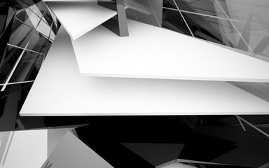 Abstract white interior of the future, with glossy black sculpture. 3D illustration and rendering