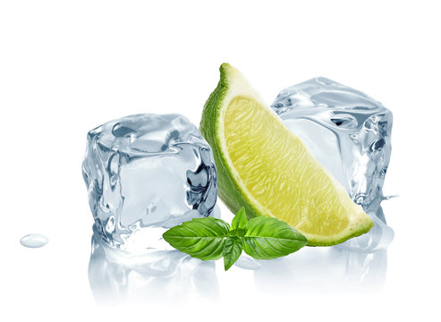  Ice Cubes, Lime Wedge And Basil Leaves Isolated On White Background 