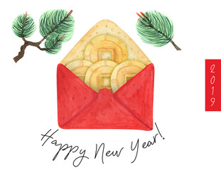 Happy New Year postcard with red envelope and pine branches