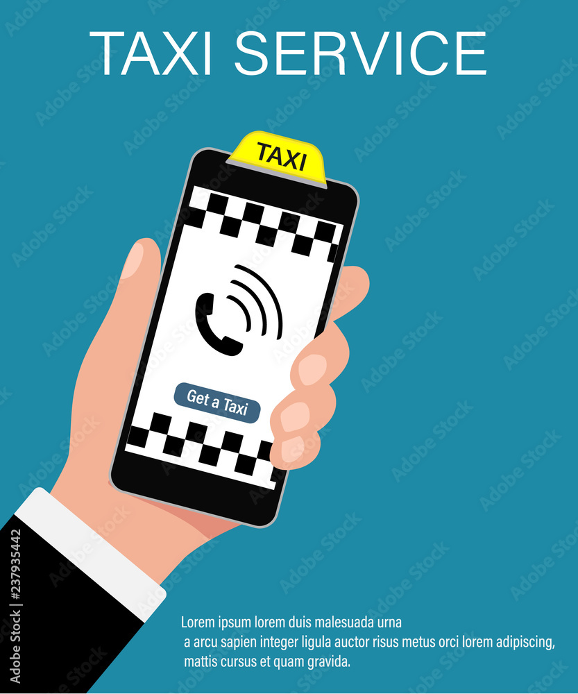 Poster hand holding phone with taxi service. taxi service application on a screen. call taxi by phone. book
