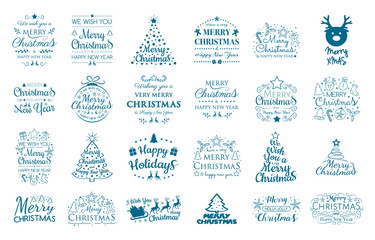 Fototapeta na wymiar Christmas greeting cards with decorations and wishes - collection. Vector.