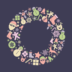 Merry Christmas and Happy New Year - layout of greeting card with festive ornaments. Vector.