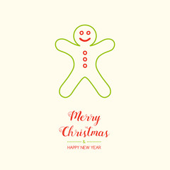 Vintage Christmas card with hand drawn gingerbread cookie. Vector.