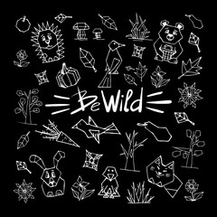 Cute forest animals. White on black background. Elements from simple geometric shapes. Hand drawn. Vector illustration.