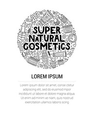 Super natural cosmetics. Lettering with doodles