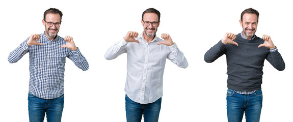 Collage of handsome senior business man over white isolated background looking confident with smile on face, pointing oneself with fingers proud and happy.