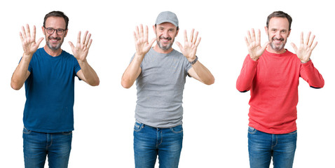 Fototapeta premium Collage of handsome senior man over white isolated background showing and pointing up with fingers number ten while smiling confident and happy.