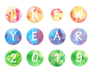 Happy New Year 2019. Greeting card with watercolor elements and text