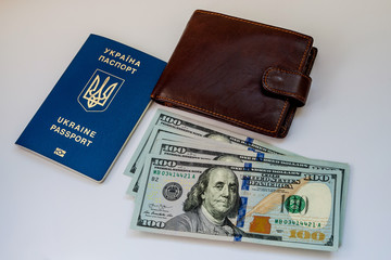 Ukrainian passport with banknotes and a purse