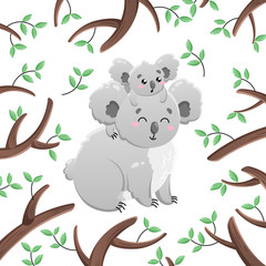 Vector cartoon koalas among the leaves and branches. Mom and child. Doodle illustration. Funny happy animal. Template for print, cards, textiles, clothing, design.