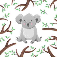 Vector cartoon koala among the leaves and branches. Doodle illustration. Funny happy animal. Template for print, cards, textiles, clothing, design.