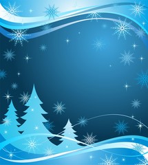Winter abstract blue banner with fir trees, stars and snowflakes