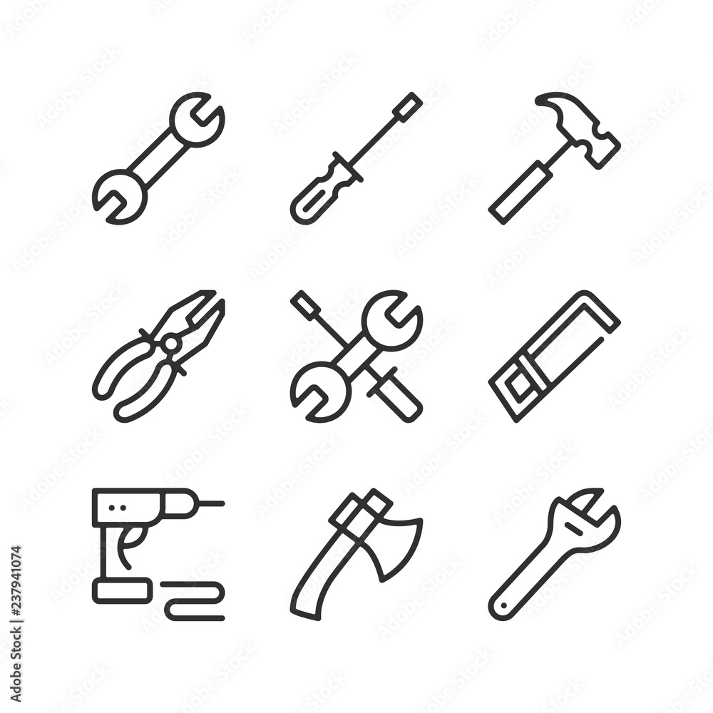 Poster tools line icons set. outline elements, linear signs, simple symbols collection. modern graphic desi