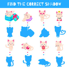 Obraz premium Fun game for kids. Find the correct shadow. Vector cartoon illustration. Cute doodle cats