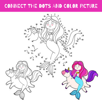 Fun game for kids. Connect dots and color picture . Vector cartoon illustration. Cute doodle mermaid and unicorn