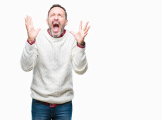 Fototapeta premium Middle age hoary senior man wearing winter sweater over isolated background crazy and mad shouting and yelling with aggressive expression and arms raised. Frustration concept.