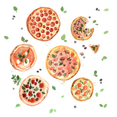 Watercolor pizzas hand drawn, margarita, pepperoni, four cheeses, italian food, italian kitchen