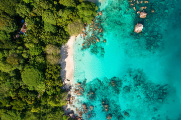 Spectacular aerial view of coastline and turquoise sea, Seychelles in the Indian Ocean.Top view from drone