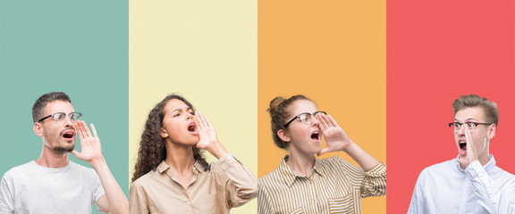 Collage of a group of people isolated over colorful background shouting and screaming loud to side...