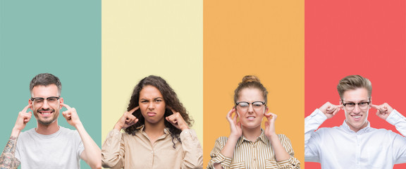 Collage of a group of people isolated over colorful background covering ears with fingers with annoyed expression for the noise of loud music. Deaf concept.
