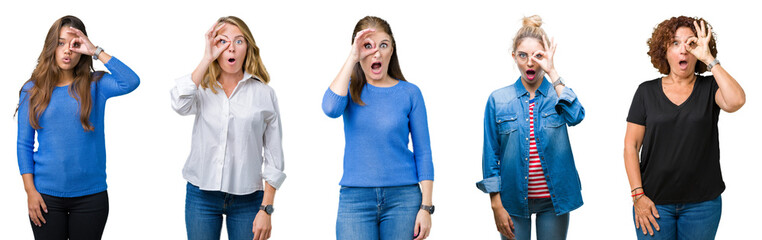 Collage of group of beautiful women over white isolated background doing ok gesture shocked with surprised face, eye looking through fingers. Unbelieving expression.