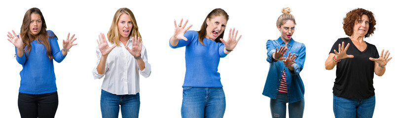 Collage of group of beautiful women over white isolated background afraid and terrified with fear expression stop gesture with hands, shouting in shock. Panic concept.